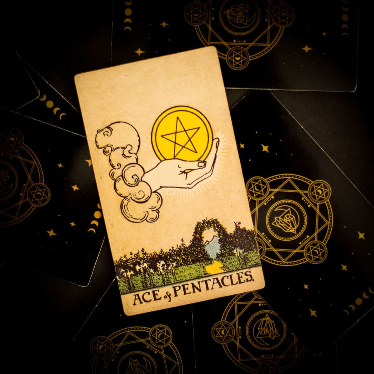 The Ace of Pentacles card from the original Ryder Waite tarot deck.