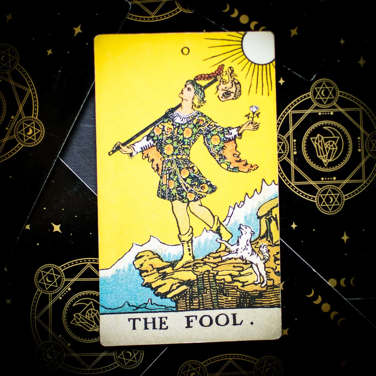 The original illustration from The Fool card in the Rider Waite tarot deck. 