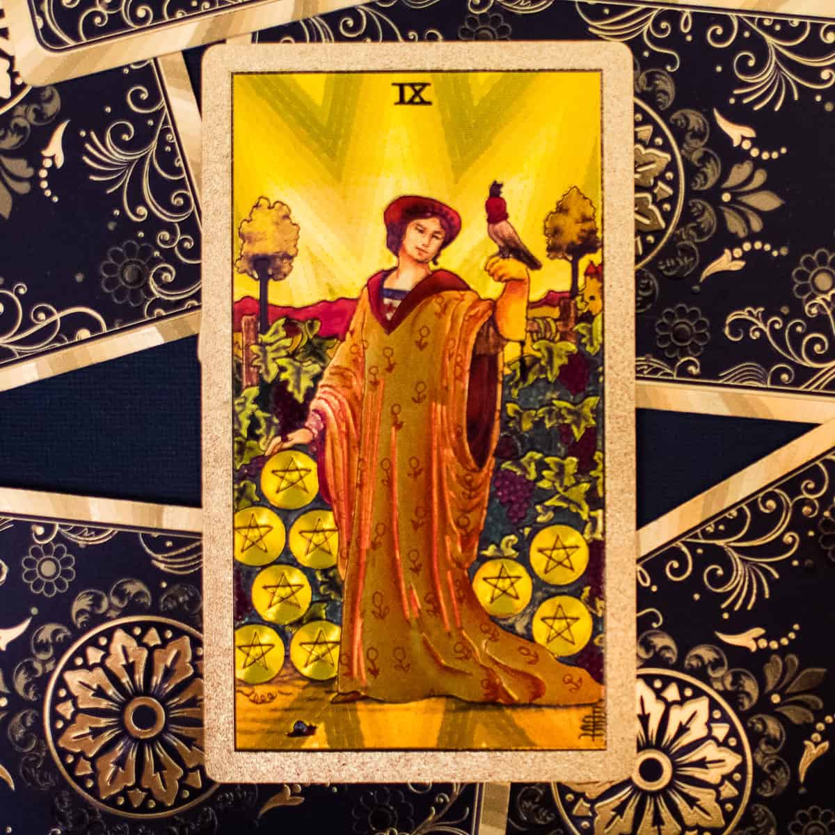 Luxurious woman in a gown with nine pentacles depicted on a tarot card.
