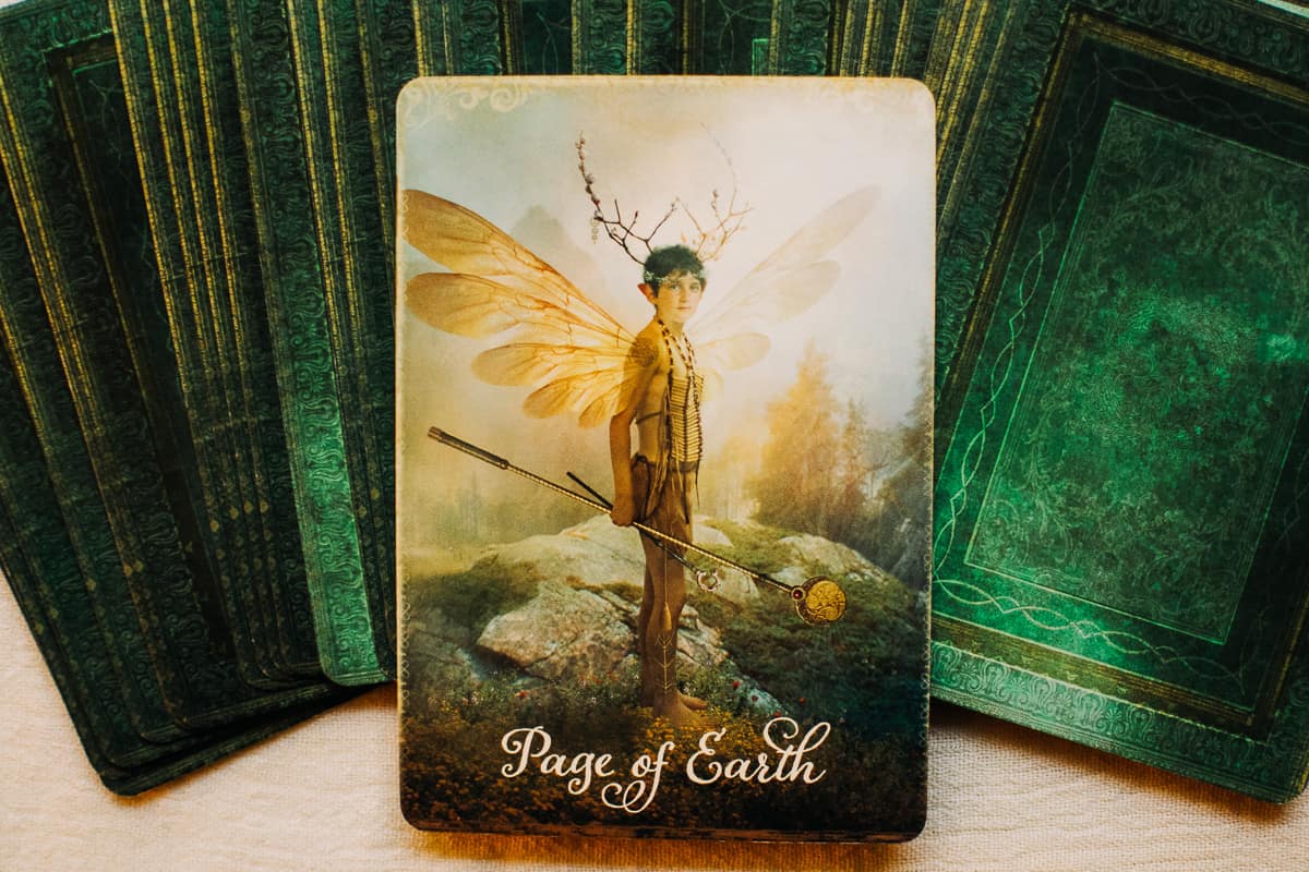 The Page of Earth card showing a young boy with wings in a forest looking for adventure. 