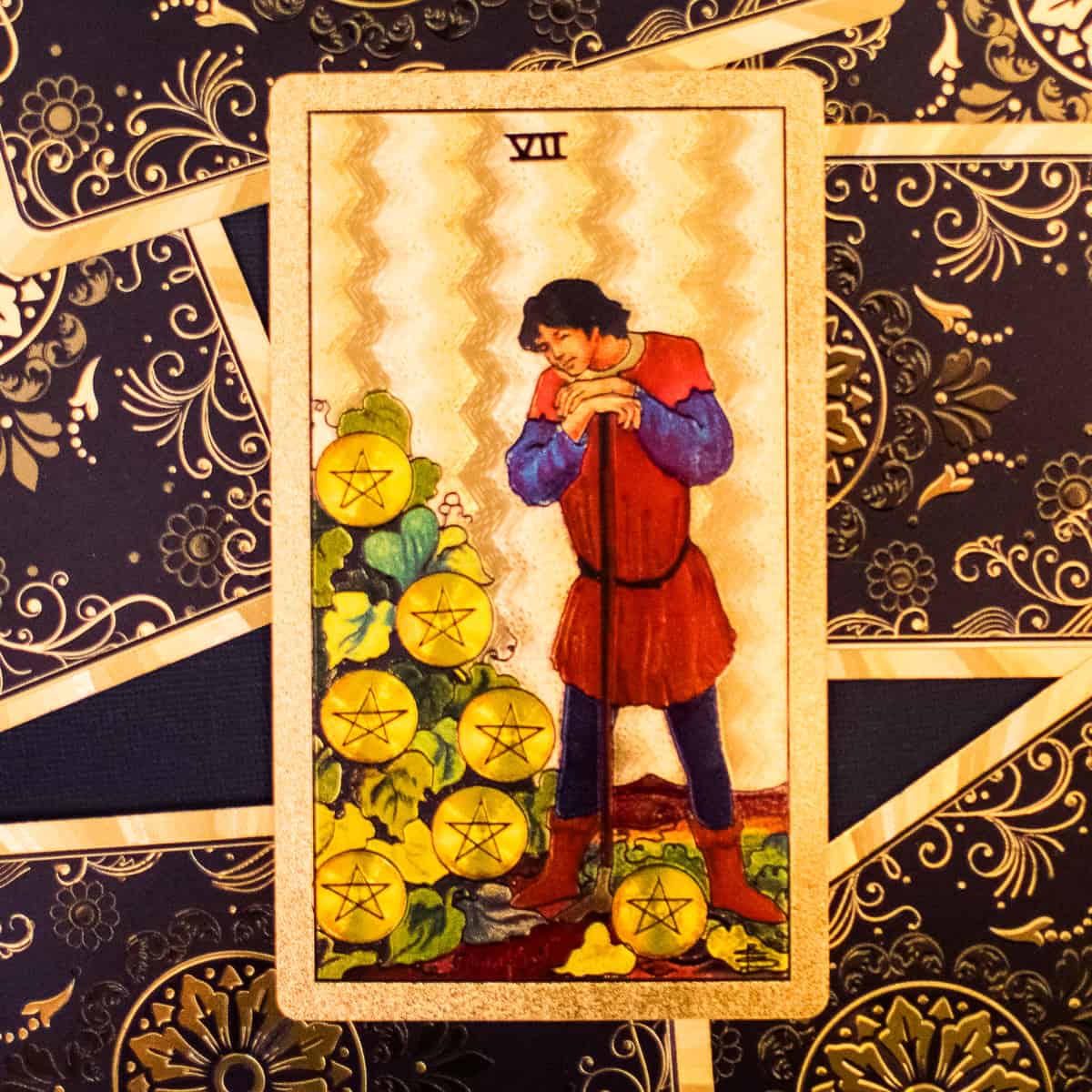 Man tending to 7 pentacles in a garden depicted on a tarot card.