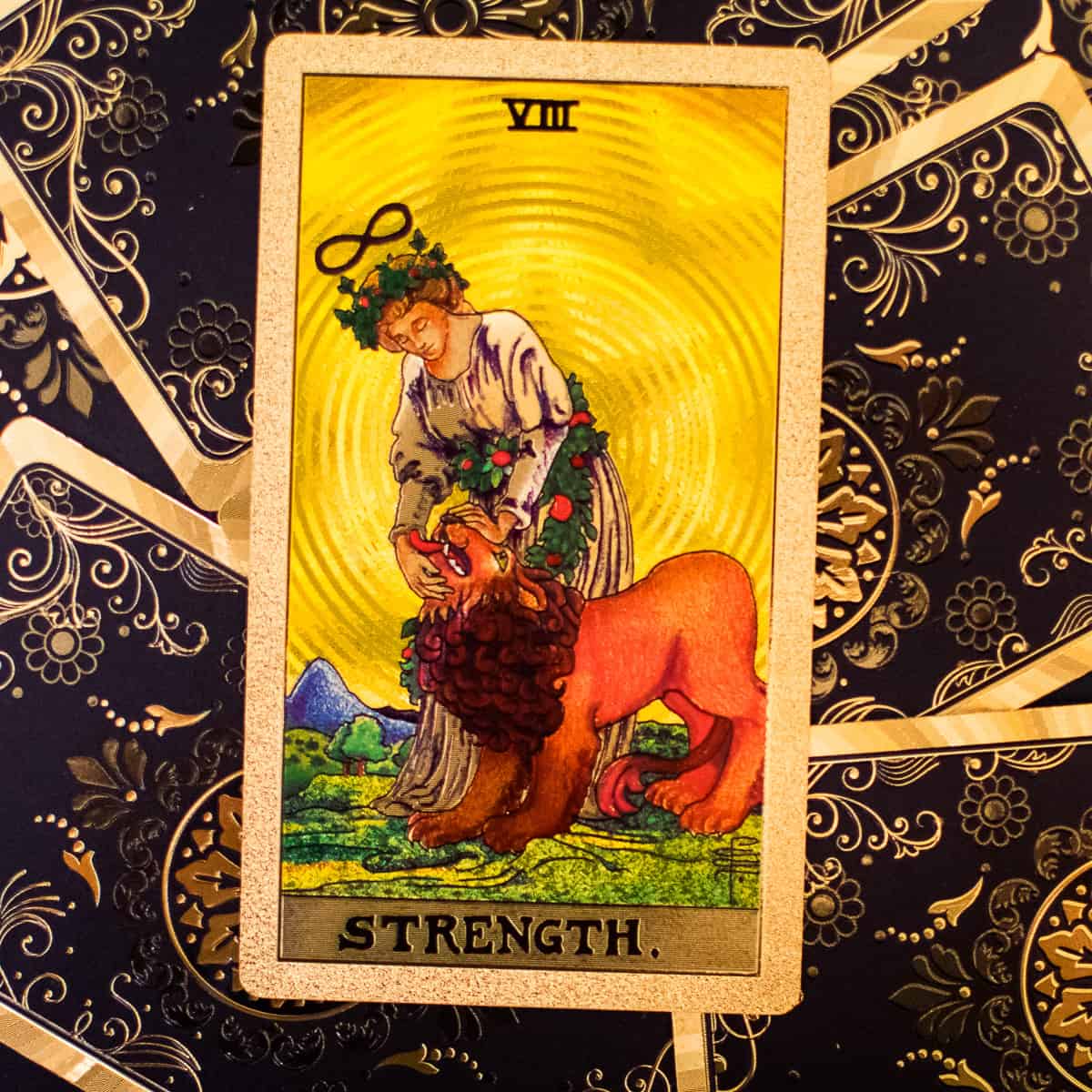 Woman with infinity sign petting a lion as depicted on the Strength tarot card.