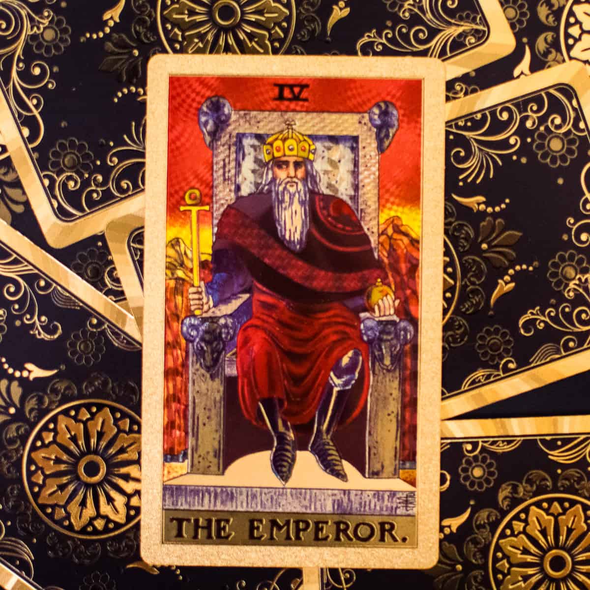 An Emperor on a throne as depicted on a tarot card.