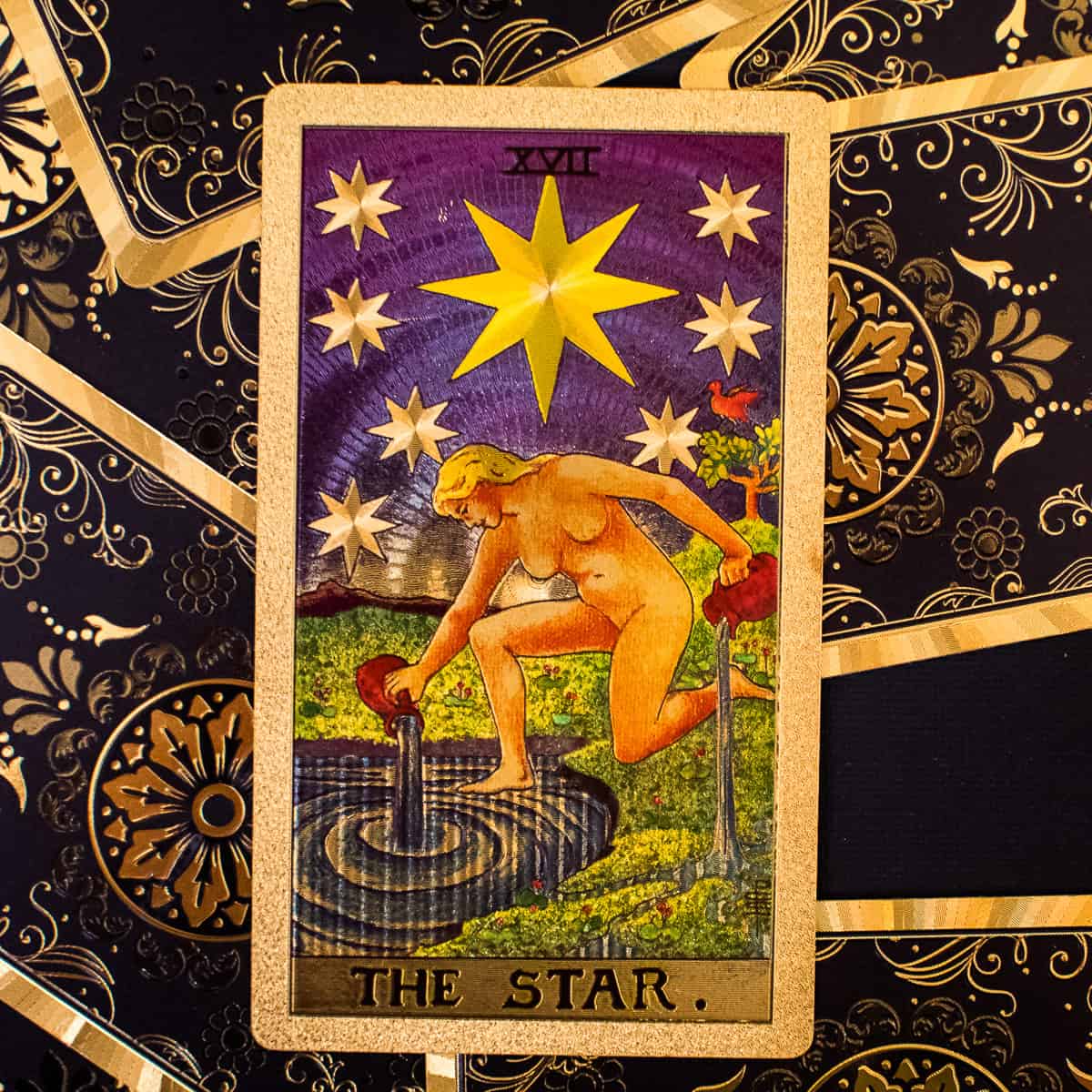 Woman under a star pouring water into a well and on land depicted on a tarot card.