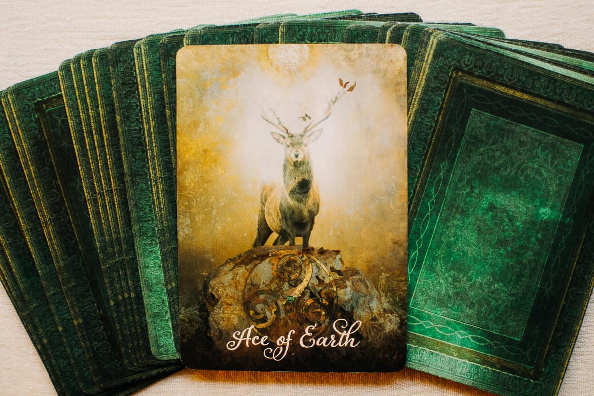 The Ace of Earth card as depicted by The Good Tarot deck showing a deer on a mountain. 