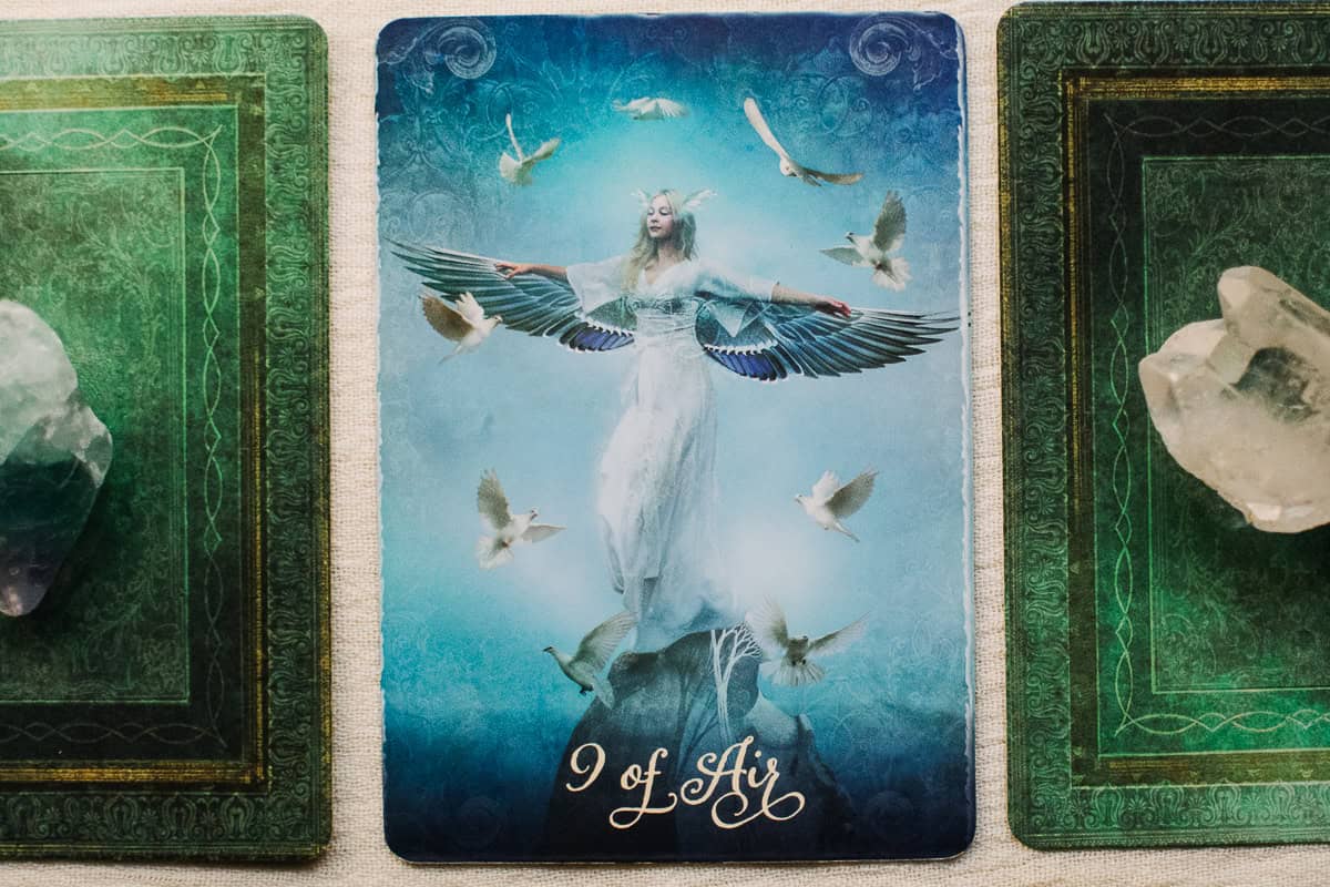 The Nine of Air (Swords) Card depicted by a winged woman surrounded by nine feathered birds.