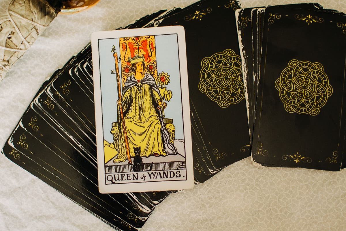 Queen of Wands tarot card depicting the Queen on throne with black cat.