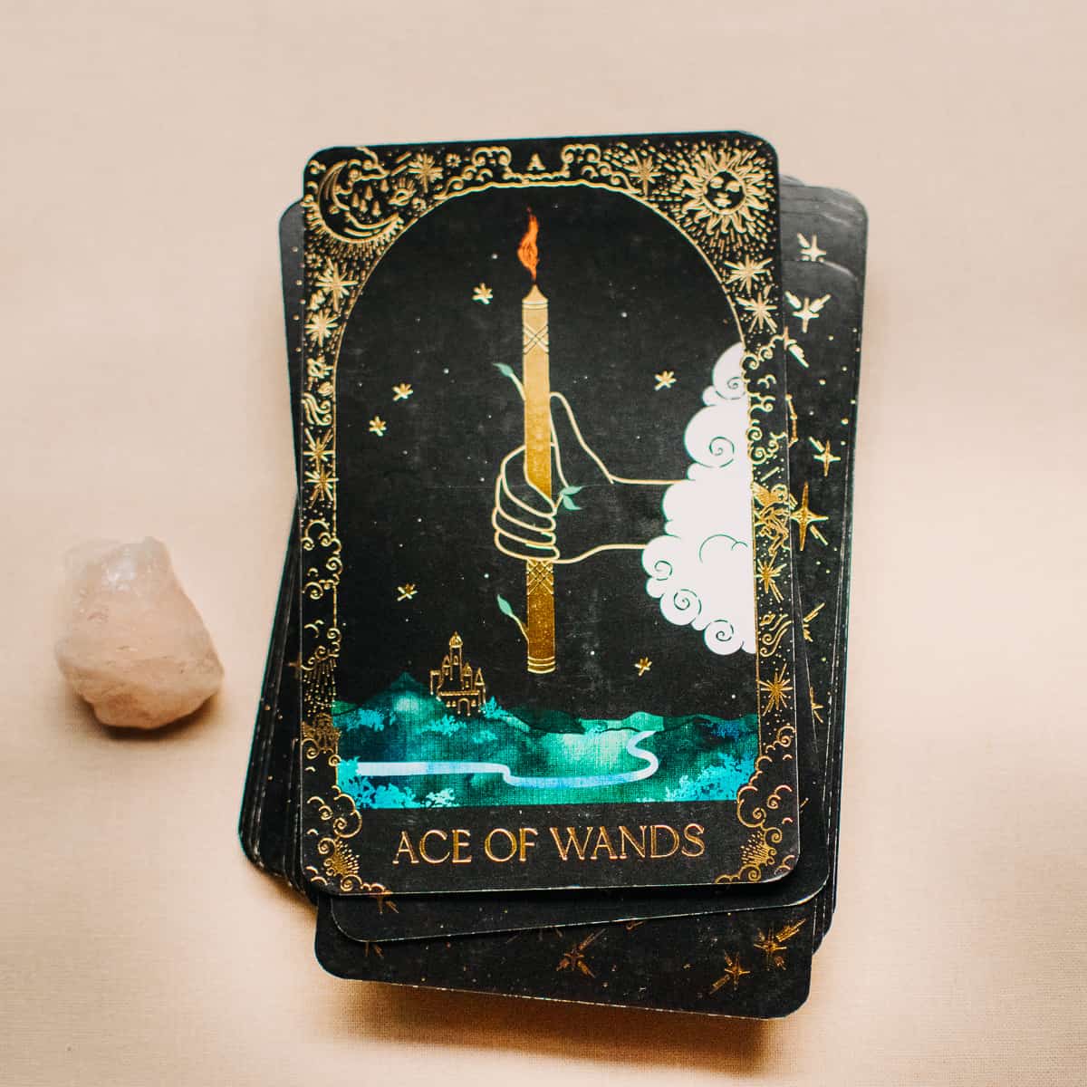 The Ace of Wands tarot card from the Dreamy Moons tarot deck. 