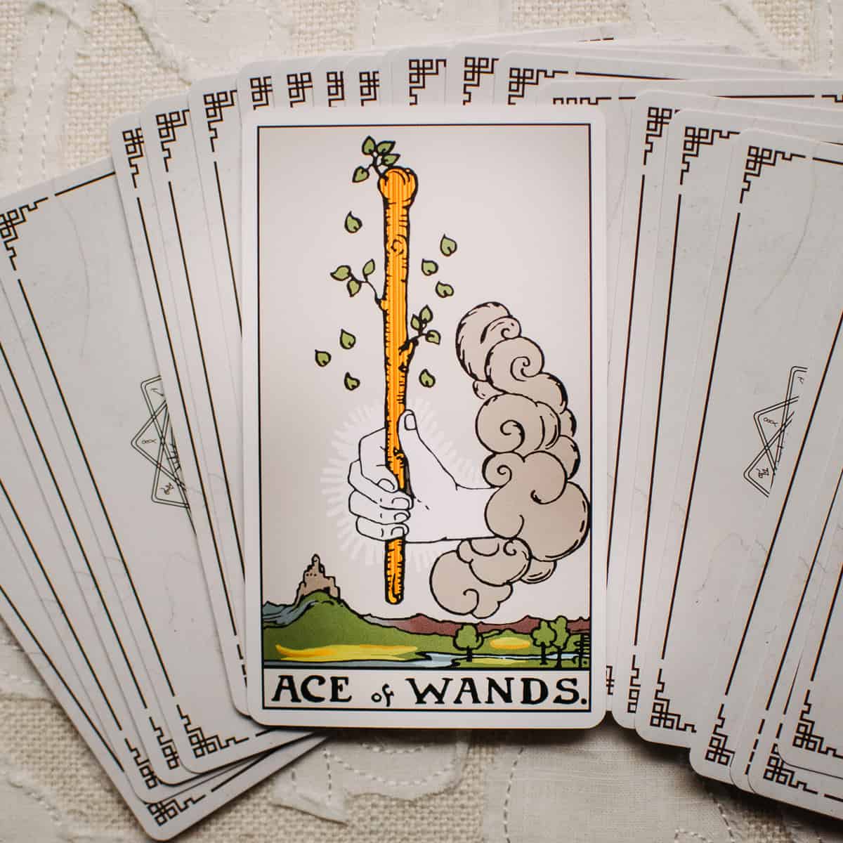 Hand emerging from a cloud holding a single wand as depicted on the Ace of Wands tarot card.
