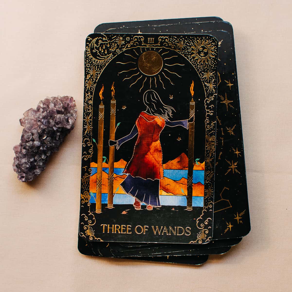 The Three of Wands card from the Dreamy Moons tarot deck.