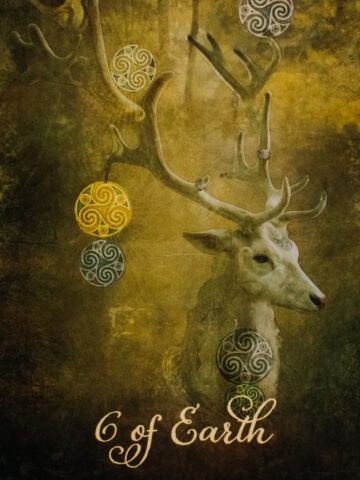 The 6 of Pentacles card personified by a deer with horns adorned with six gold pentacles.