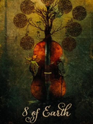The 8 of Pentacles card personified, as shown by a cello with 8 pentacles hung around it.