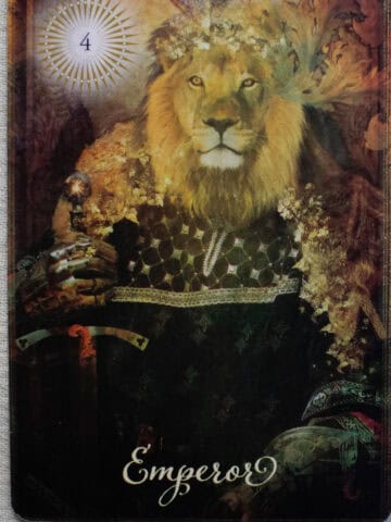 The Emperor depicted by a large Lion in a robe with sword in hand.